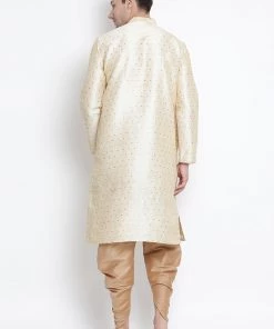 Vastramay Men's Gold Cotton Silk Blend Kurta And Dhoti Pant Set