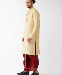 VASTRAMAY Men's Gold And Maroon Silk Blend Kurta And Dhoti Set
