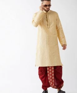 VASTRAMAY Men's Gold And Maroon Silk Blend Kurta And Dhoti Set
