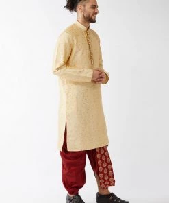 VASTRAMAY Men's Gold And Maroon Silk Blend Kurta And Dhoti Set