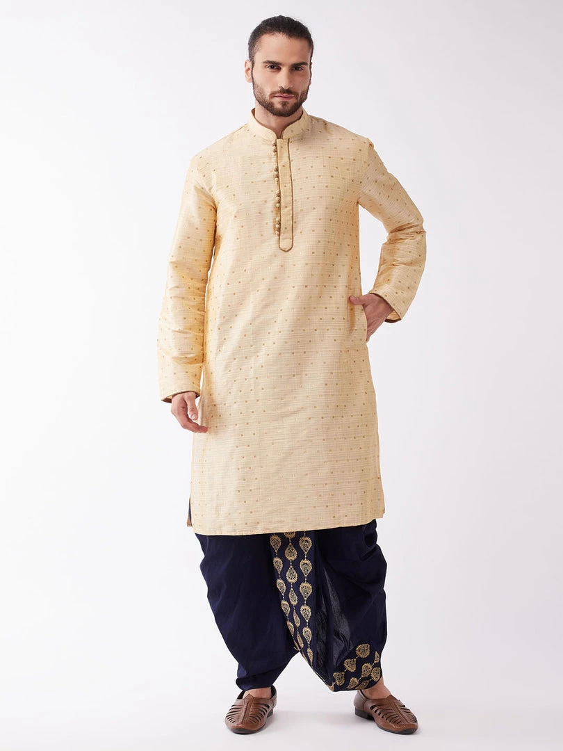 VASTRAMAY Men's Gold And Navy Blue Cotton Silk Blend Kurta And Dhoti Set 3 VASTRAMAY Men's Gold And Navy Blue Cotton Silk Blend Kurta And Dhoti Set