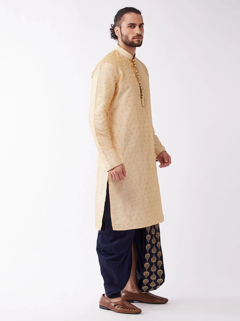 VASTRAMAY Men's Gold And Navy Blue Cotton Silk Blend Kurta And Dhoti Set 4 VASTRAMAY Men's Gold And Navy Blue Cotton Silk Blend Kurta And Dhoti Set