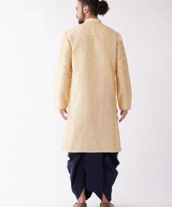 VASTRAMAY Men's Gold And Navy Blue Cotton Silk Blend Kurta And Dhoti Set 11 VASTRAMAY Men's Gold And Navy Blue Cotton Silk Blend Kurta And Dhoti Set