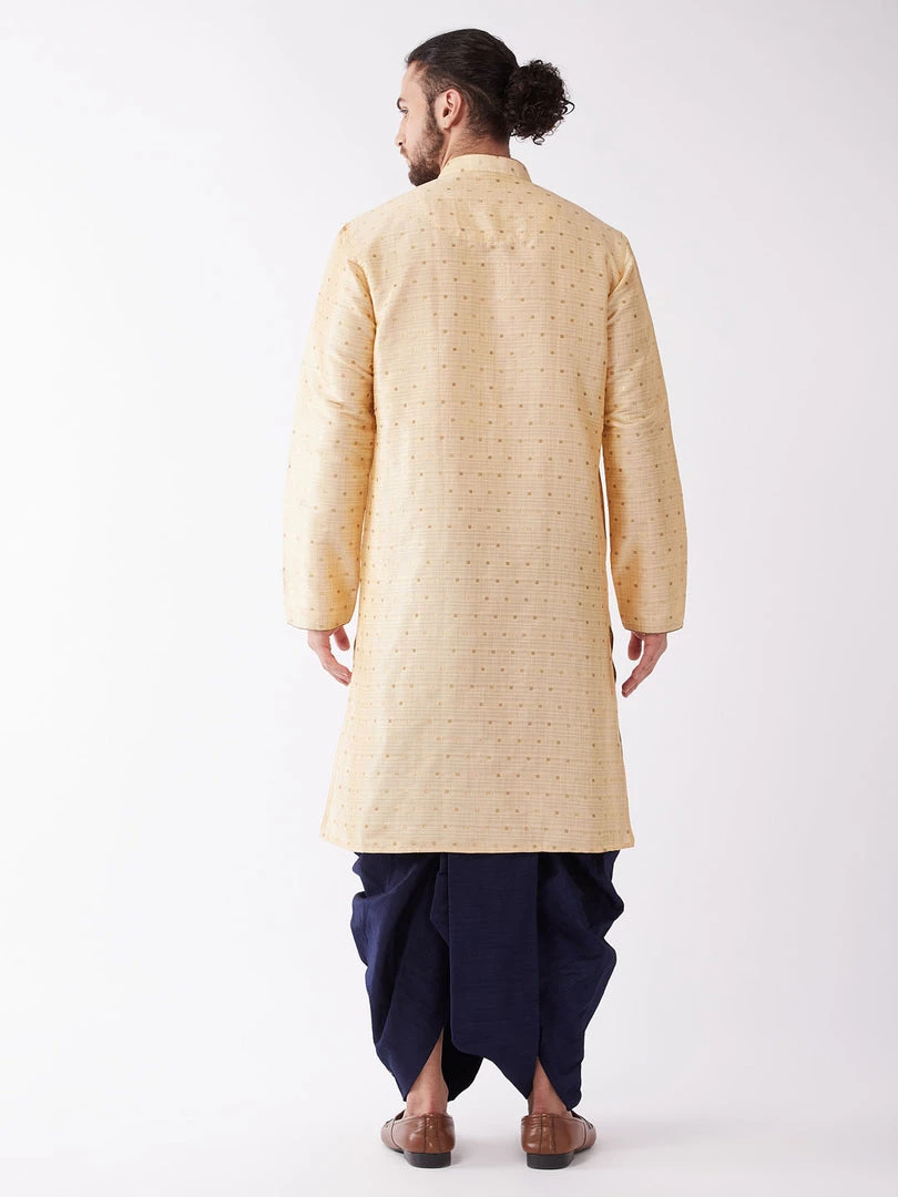 VASTRAMAY Men's Gold And Navy Blue Cotton Silk Blend Kurta And Dhoti Set 5 VASTRAMAY Men's Gold And Navy Blue Cotton Silk Blend Kurta And Dhoti Set