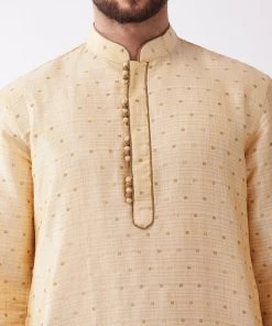 VASTRAMAY Men's Gold And Navy Blue Cotton Silk Blend Kurta And Dhoti Set 12 VASTRAMAY Men's Gold And Navy Blue Cotton Silk Blend Kurta And Dhoti Set