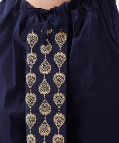 VASTRAMAY Men's Gold And Navy Blue Cotton Silk Blend Kurta And Dhoti Set 13 VASTRAMAY Men's Gold And Navy Blue Cotton Silk Blend Kurta And Dhoti Set