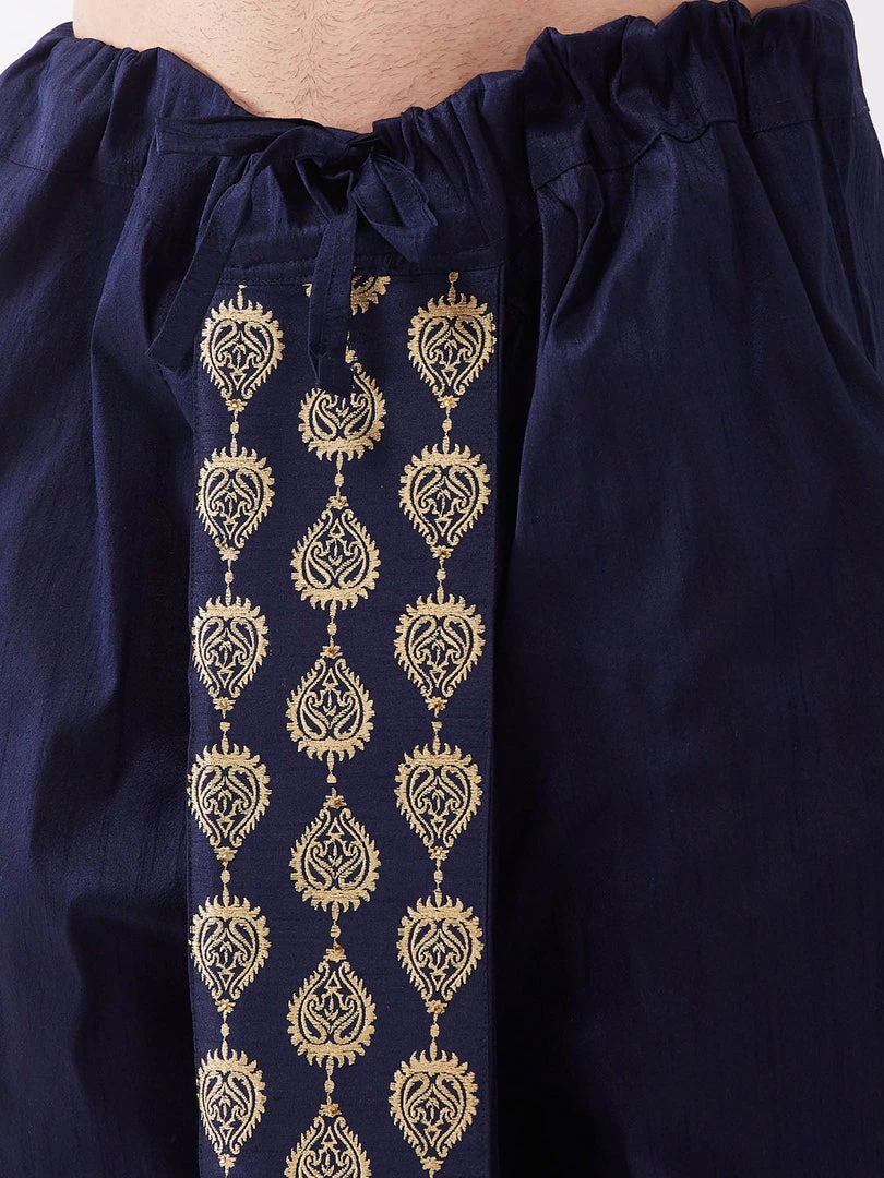 VASTRAMAY Men's Gold And Navy Blue Cotton Silk Blend Kurta And Dhoti Set 7 VASTRAMAY Men's Gold And Navy Blue Cotton Silk Blend Kurta And Dhoti Set