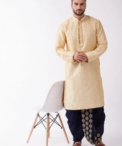 VASTRAMAY Men's Gold And Navy Blue Cotton Silk Blend Kurta And Dhoti Set 14 VASTRAMAY Men's Gold And Navy Blue Cotton Silk Blend Kurta And Dhoti Set
