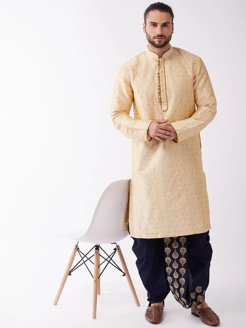VASTRAMAY Men's Gold And Navy Blue Cotton Silk Blend Kurta And Dhoti Set 8 VASTRAMAY Men's Gold And Navy Blue Cotton Silk Blend Kurta And Dhoti Set
