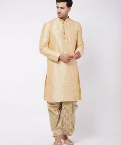 VASTRAMAY Men's Gold Silk Blend Kurta And Dhoti Set Dhoti Kurta Sets
