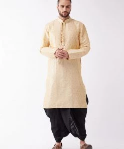 VASTRAMAY Men's Gold And Black Silk Blend Kurta And Dhoti Set