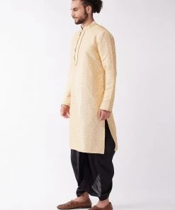 VASTRAMAY Men's Gold And Black Silk Blend Kurta And Dhoti Set