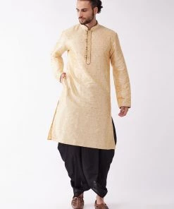 VASTRAMAY Men's Gold And Black Silk Blend Kurta And Dhoti Set