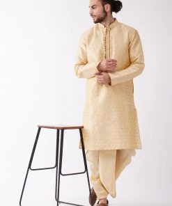 VASTRAMAY Men's Gold Silk Blend Kurta And Dhoti Set