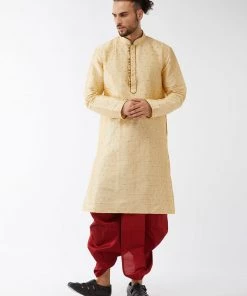 VASTRAMAY Men's Gold And Maroon Silk Blend Kurta With Dhoti Set