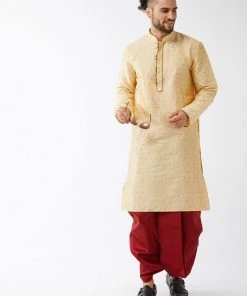 VASTRAMAY Men's Gold And Maroon Silk Blend Kurta With Dhoti Set