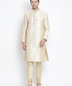 Vastramay Men's Gold Cotton Silk Blend Kurta And Pyjama Set