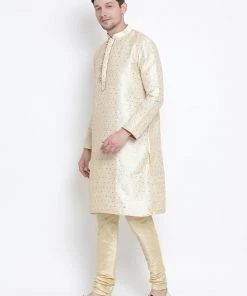 Vastramay Men's Gold Cotton Silk Blend Kurta And Pyjama Set