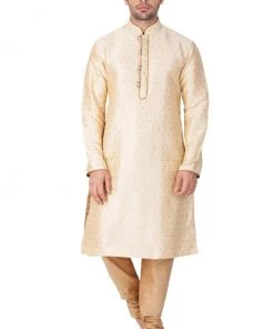 Vastramay Men's Gold Cotton Silk Blend Kurta And Pyjama Set
