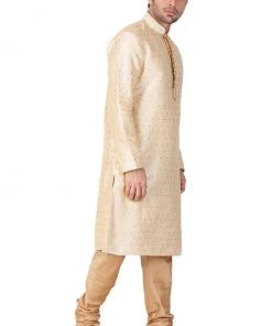 Vastramay Men's Gold Cotton Silk Blend Kurta And Pyjama Set