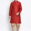 Vastramay Men's Maroon Cotton Silk Blend Kurta And Dhoti Pant Set