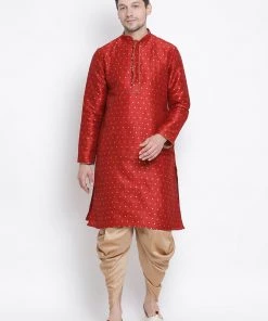 Vastramay Men's Maroon Cotton Silk Blend Kurta And Dhoti Pant Set