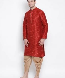 Vastramay Men's Maroon Cotton Silk Blend Kurta And Dhoti Pant Set