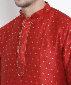 Vastramay Men's Maroon Cotton Silk Blend Kurta And Dhoti Pant Set