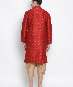 Vastramay Men's Maroon Cotton Silk Blend Kurta And Dhoti Pant Set