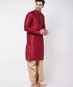VASTRAMAY Men's Maroon Woven Design Silk Blend Kurta And Gold Dhoti Set Dhoti Kurta Sets