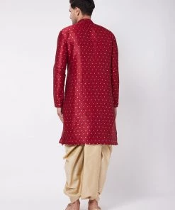 VASTRAMAY Men's Maroon Woven Design Silk Blend Kurta And Gold Dhoti Set Dhoti Kurta Sets