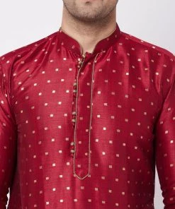 VASTRAMAY Men's Maroon Woven Design Silk Blend Kurta And Gold Dhoti Set Dhoti Kurta Sets