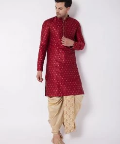 VASTRAMAY Men's Maroon Woven Design Silk Blend Kurta And Gold Dhoti Set Dhoti Kurta Sets