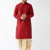 VASTRAMAY Men's Maroon And Gold Silk Blend Kurta And Dhoti Set