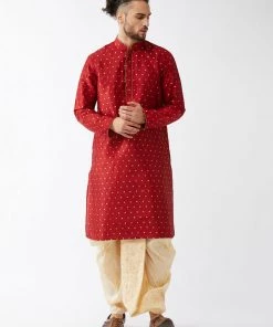 VASTRAMAY Men's Maroon And Gold Silk Blend Kurta And Dhoti Set