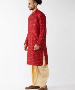 VASTRAMAY Men's Maroon And Gold Silk Blend Kurta And Dhoti Set