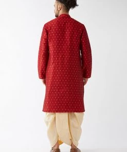 VASTRAMAY Men's Maroon And Gold Silk Blend Kurta And Dhoti Set