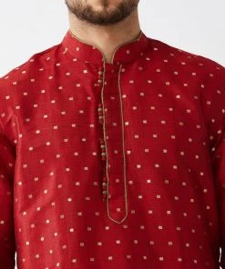VASTRAMAY Men's Maroon And Gold Silk Blend Kurta And Dhoti Set