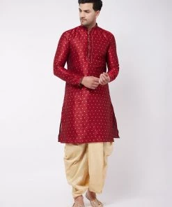 Vastramay VSTRAMAY Men's Maroon And Gold Silk Blend Kurta And Dhoti Set