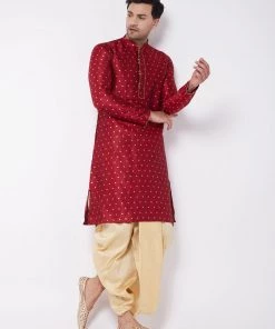 Vastramay VSTRAMAY Men's Maroon And Gold Silk Blend Kurta And Dhoti Set