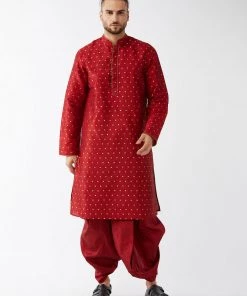 VASTRAMAY Men's Maroon Silk Blend Kurta And Dhoti Set