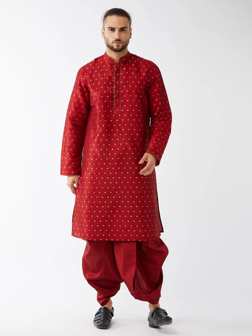 VASTRAMAY Men's Maroon Silk Blend Kurta And Dhoti Set 3 VASTRAMAY Men's Maroon Silk Blend Kurta And Dhoti Set