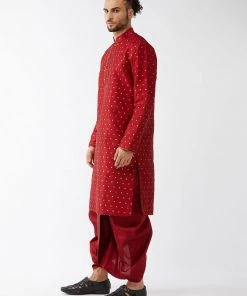 VASTRAMAY Men's Maroon Silk Blend Kurta And Dhoti Set