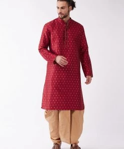 Dhoti Kurta Sets VASTRAMAY Men's Maroon And Rose Gold Silk Blend Kurta And Dhoti Set