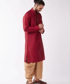 Dhoti Kurta Sets VASTRAMAY Men's Maroon And Rose Gold Silk Blend Kurta And Dhoti Set
