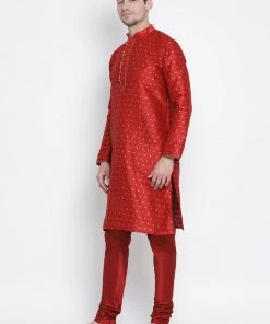 Vastramay Men's Maroon Cotton Silk Blend Kurta And Pyjama Set
