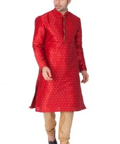 Vastramay Men's Maroon Cotton Silk Blend Kurta And Pyjama Set