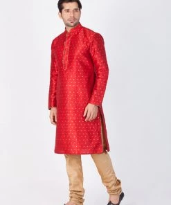 Vastramay Silk Blend Maroon And Rose Gold Baap Beta Kurta Pyjama Set