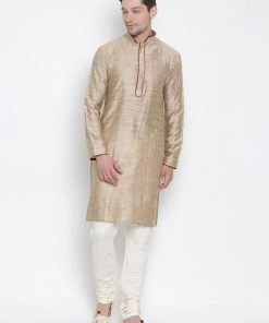 VASTRAMAY Men's Beige Cotton Silk Blend Kurta
