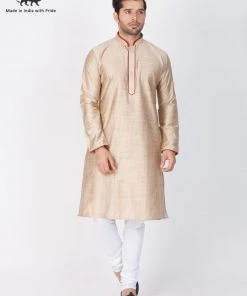 Vastramay Men's Beige Cotton Silk Blend Kurta And Pyjama Set